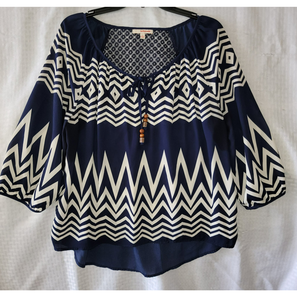Hollywould Women L Retro 70's Cream/Navy Front Sash Tie Casual Summer Blouse Top